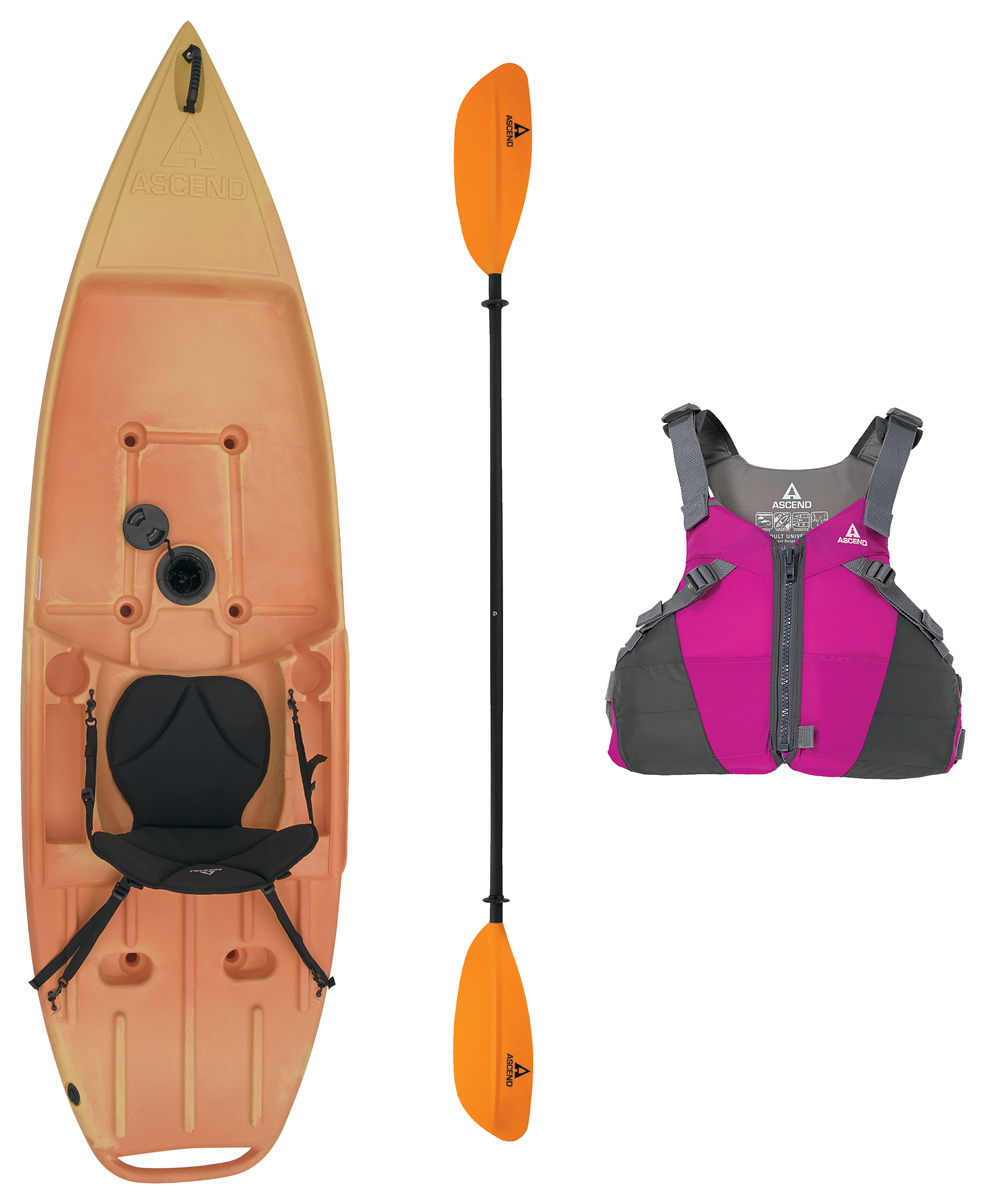 Ascend 9R Sport Yellow/Orange SitOnTop Kayak, Paddle, and Life Jacket Combo Cabela's